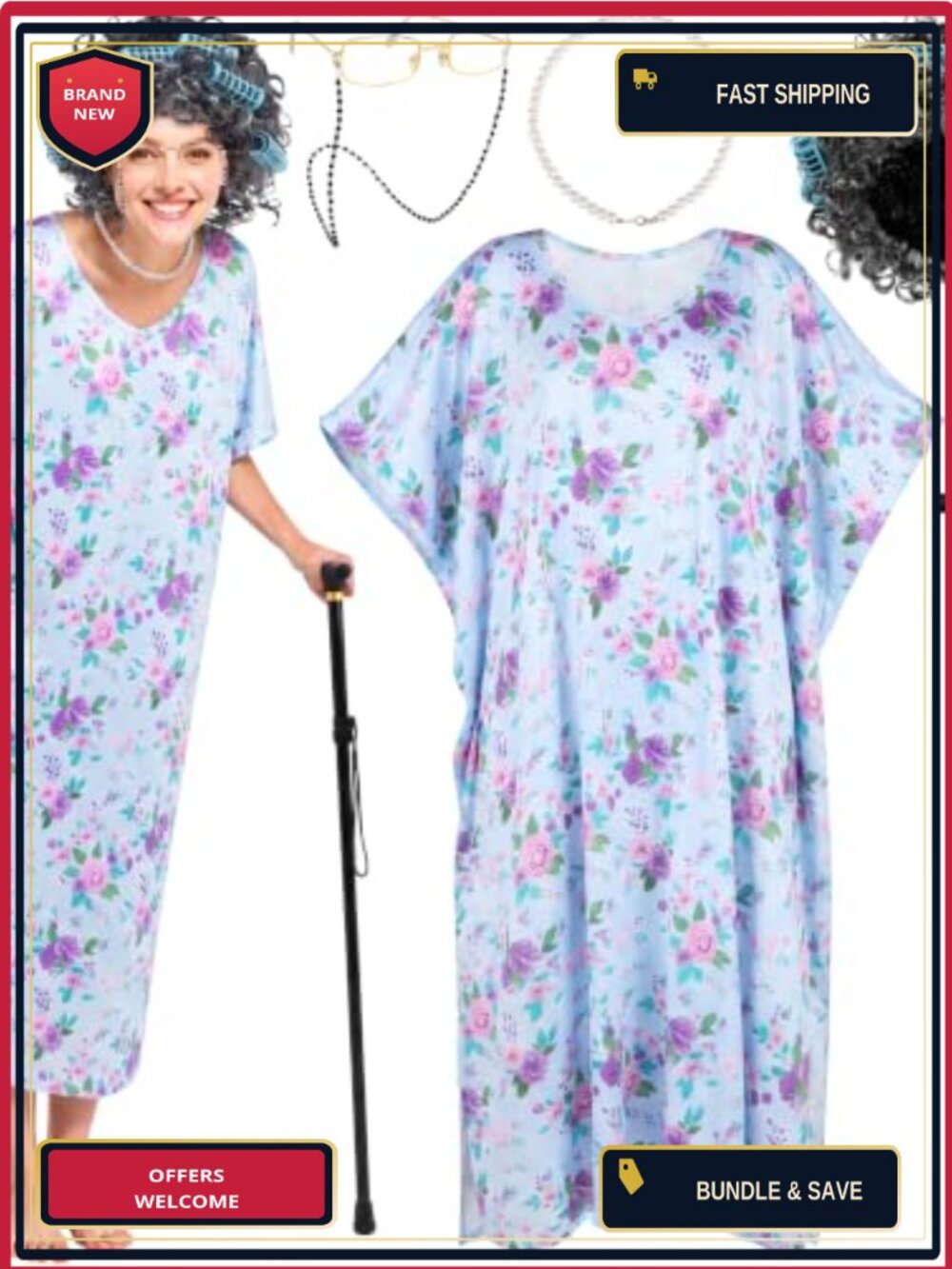 Old Lady Costume Kit Nightgown Wig Glasses Necklace Cane